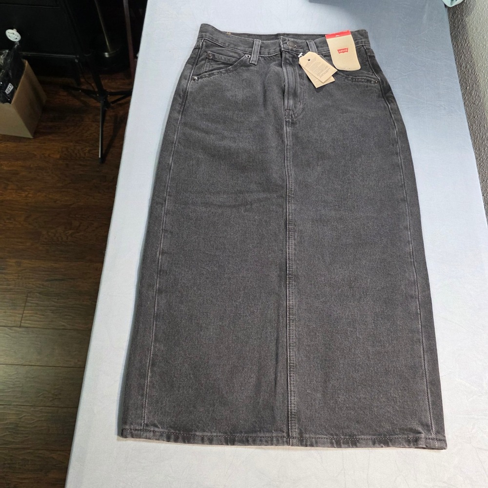 Levis Denim Maxi Skirt Black/Charcoal Gray High Waisted Cotton‎ Size 25 (0) NWT